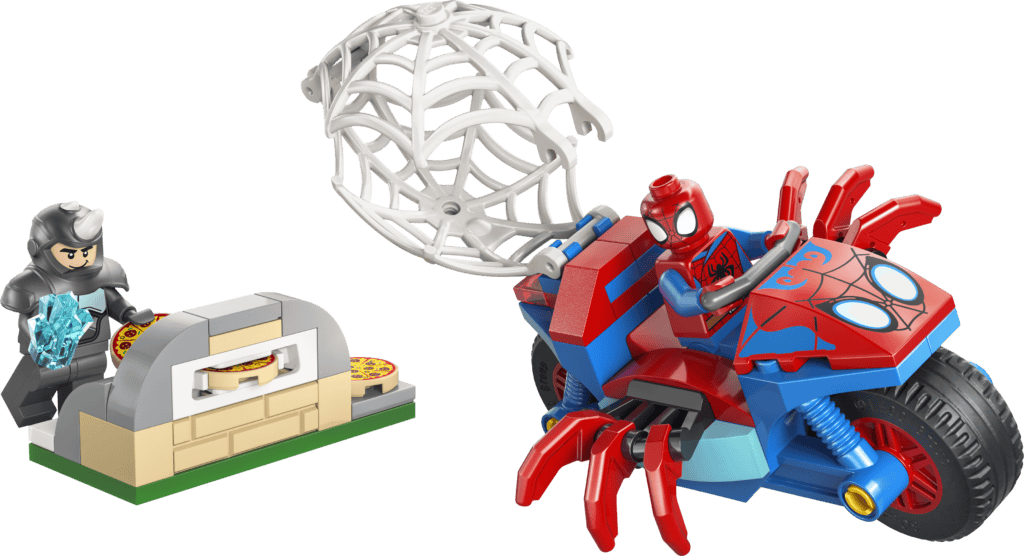 LEGO Spidey på sin motorcykel mot Rhino 11206
